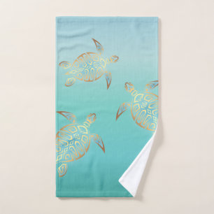 Gold Turquoise Turtles Coastal Maritime Hand Towel