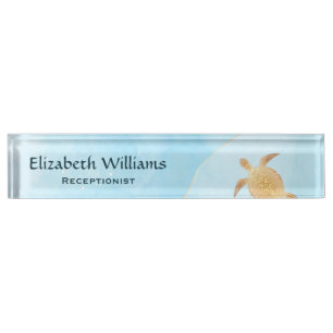 Gold Turtle Blue Ink Monogram Coastal Nameplate