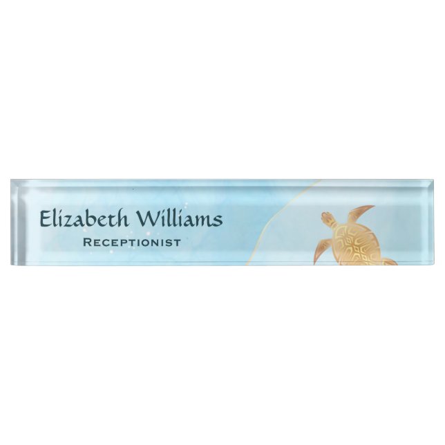 Gold Turtle Blue Ink Monogram Coastal  Nameplate (Front)