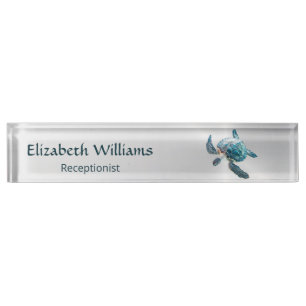 Gold Turtle Blue Watercolor Coastal Nameplate