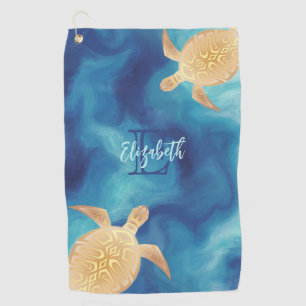 Gold Turtle Blue Watercolor Monogram Beach Golf Towel