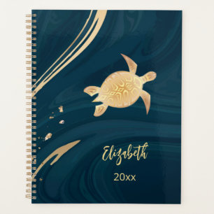 Gold Turtle Dark Blue Marble Add Name And Year Planner