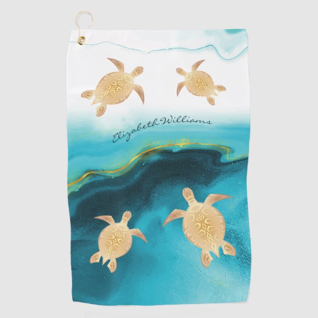 Gold Turtle Teal Ink Monogram Beach Golf Towel (Front)