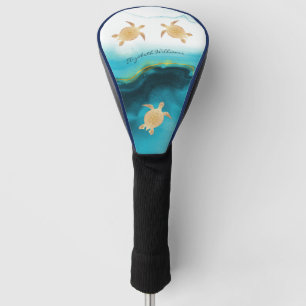 Gold Turtle Tribal Blue Watercolor Monogram Beach Golf Head Cover