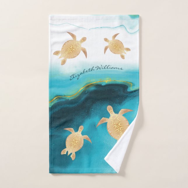 Gold Turtle Tribal Blue Watercolor Monogram Beach Hand Towel (Hand Towel)