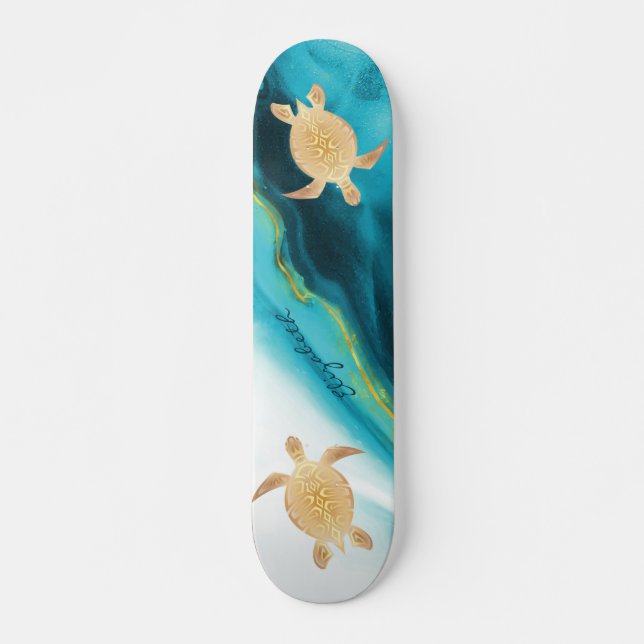 Gold Turtle Tribal Blue Watercolor Monogram Skateboard (Front)