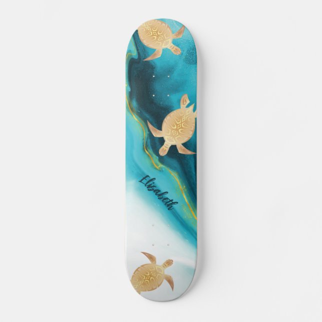 Gold Turtle Tribal Teal Ink Agate Monogram. Skateboard (Front)