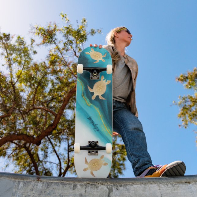 Gold Turtle Tribal Teal Ink Agate Monogram.  Skateboard (Outdoor 1)
