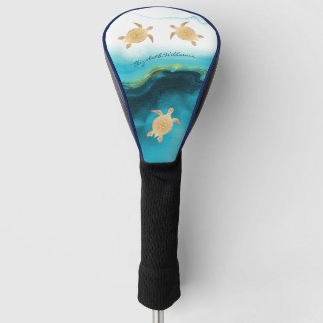 Gold Turtle Tribal Teal Ink Monogram Beach Golf Head Cover (Front)