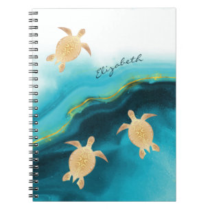 Gold Turtle Tribal Teal Ink Monogram Notebook