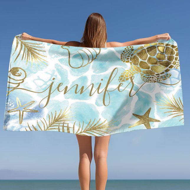 Gold Turtle Tropical Personalized Name  Beach Towel (Gold Turtle Tropical Personalized Name Beach Towel)