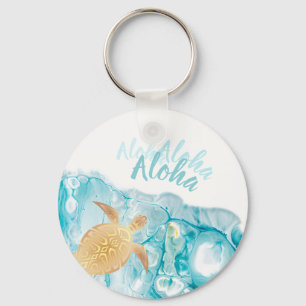 Gold Turtles Blue Ink Aloha Text   Keychain