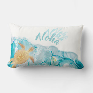 Gold Turtles Blue Ink Aloha Text  Lumbar Pillow
