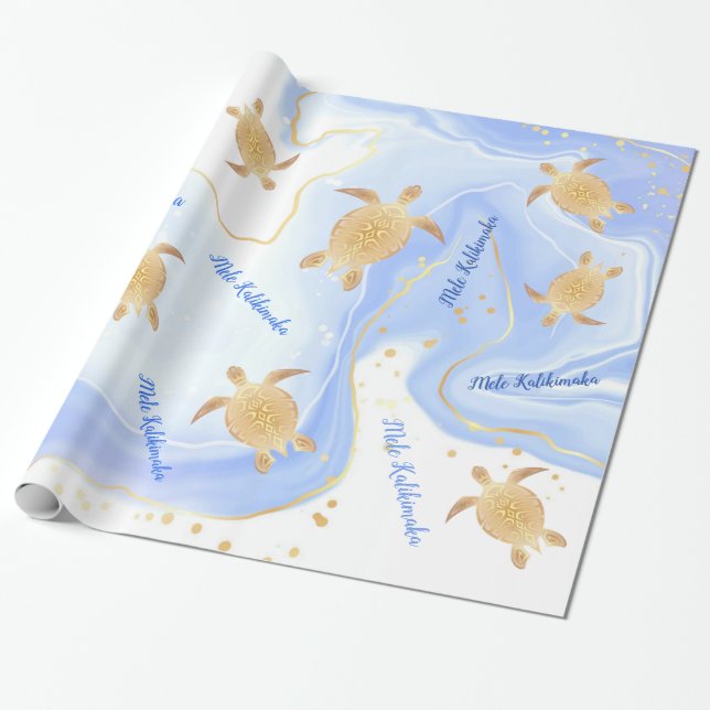 Gold Turtles Blue | Mele Kalikimaka | Christmas Wrapping Paper (Unrolled)
