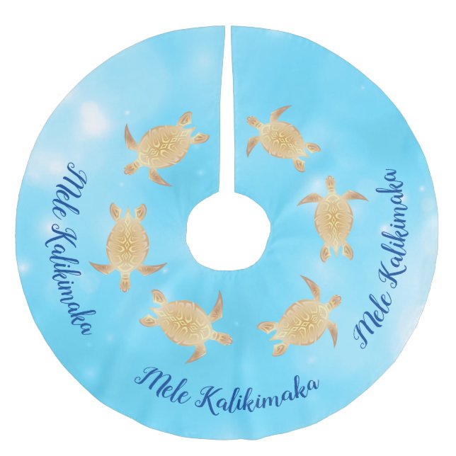 Gold Turtles Mele Kalikimaka  Blue Bokeh Brushed Polyester Tree Skirt (Front)