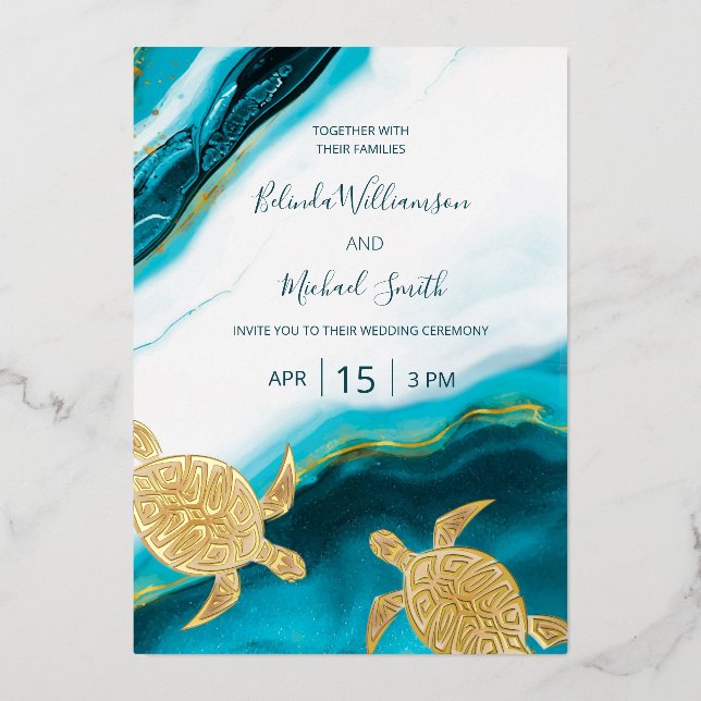 Gold Turtles Teal Ink Agate Wedding   (Front)