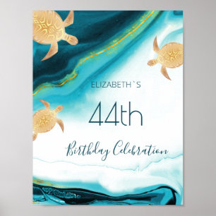 Gold Turtles Teal Ink Custom Birthday Party Poster