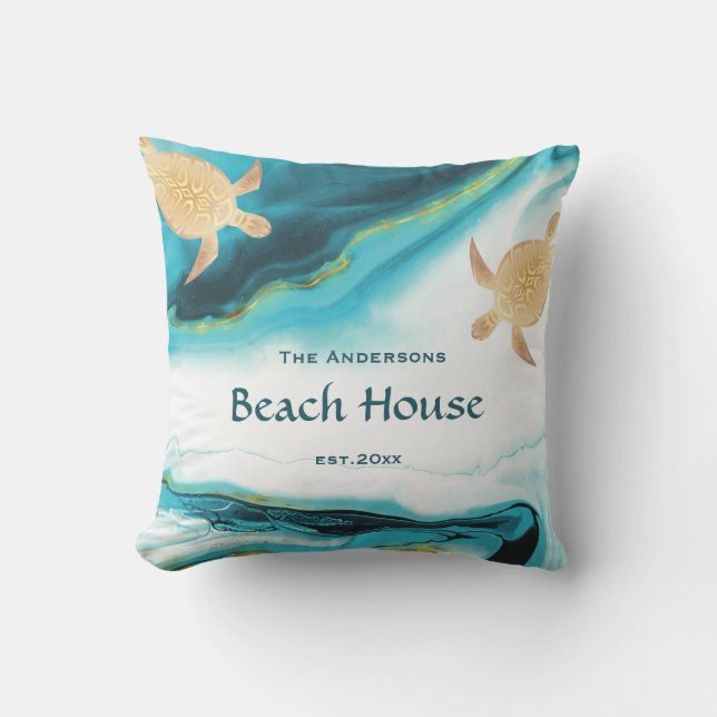  Gold Turtles Teal White Ink Family Name  Outdoor Pillow (Front)