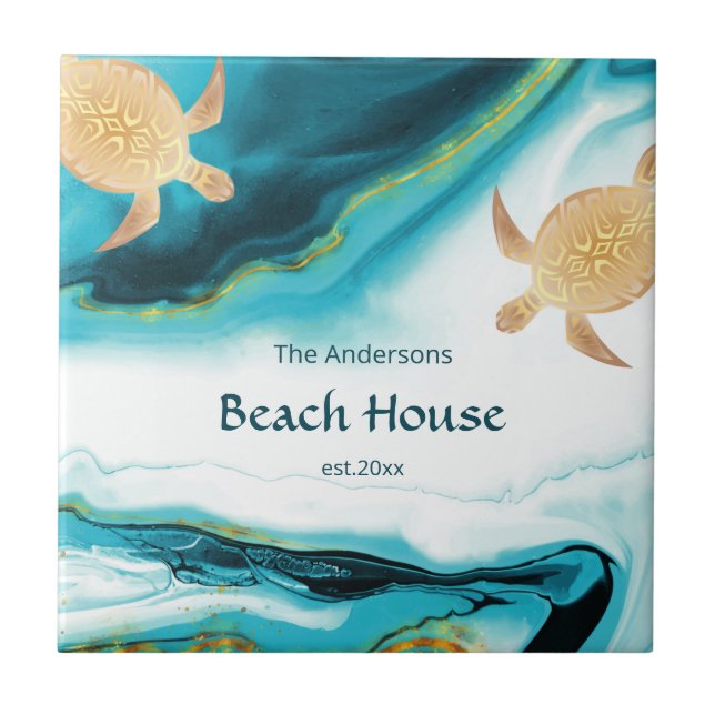  Gold Turtles Teal White Ink Family Name  Tile (Front)