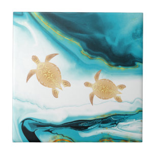  Gold Turtles Teal White Ink  Tile