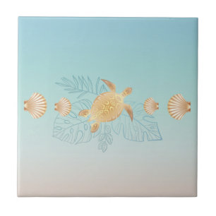 Gold Turtles Tropical Leaves Tile Border