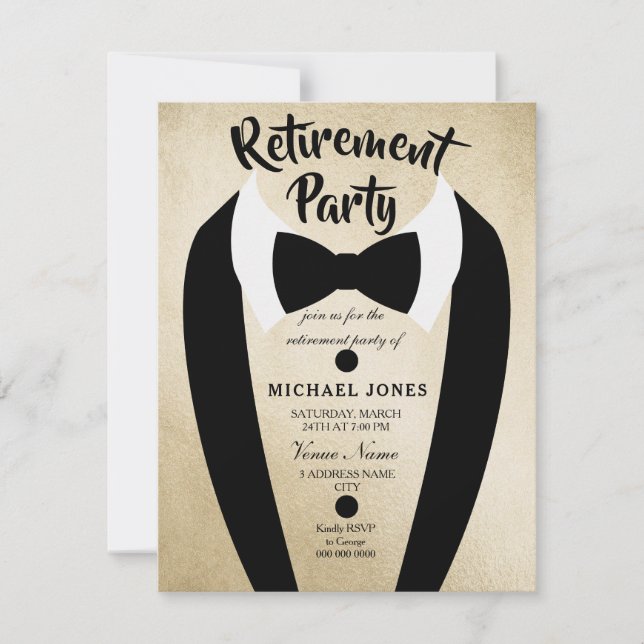 Gold Tuxedo Bow Cravate de retraite Invitation (Devant)