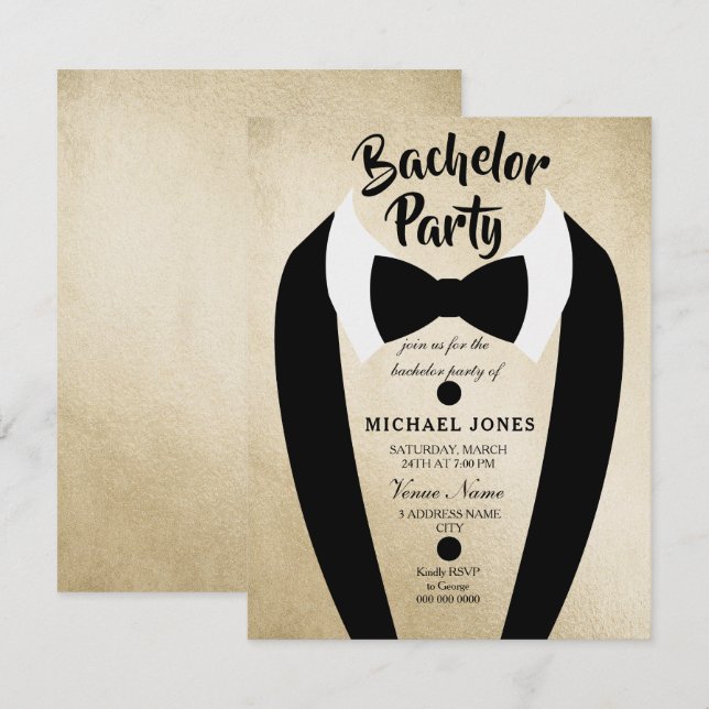 Gold Tuxedo Bow Tie Bachelor Party Invite (Front/Back)