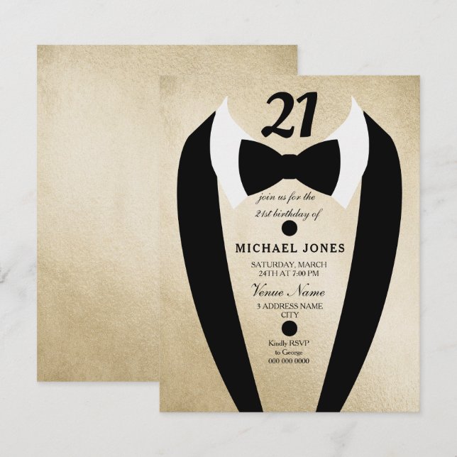 Gold Tuxedo Mens 21st Birthday Party Invite (Front/Back)