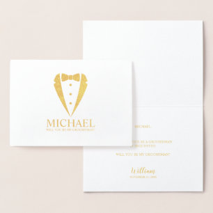 Gold Tuxedo Suit Personalized Groomsman Proposal Foil Card