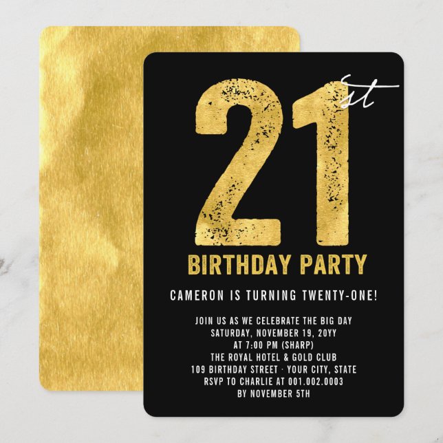 Gold Twenty One Moderne 21e Invitation de fête d'a (Devant / Derrière)