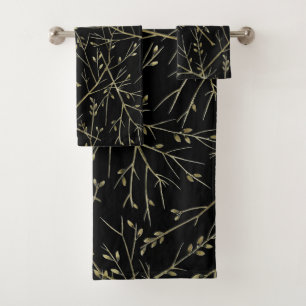 Gold Twigs on Black Bath Towel Set
