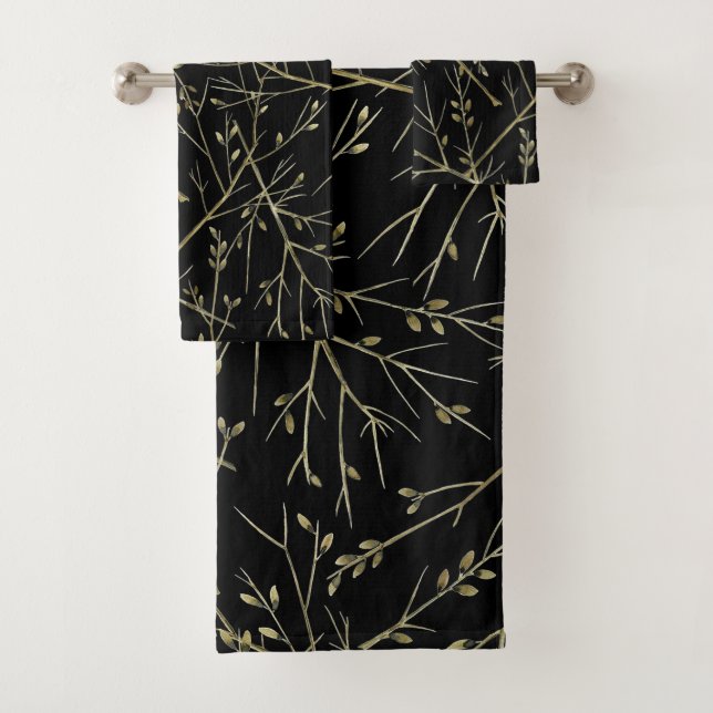 Gold Twigs on Black Bath Towel Set (Insitu)