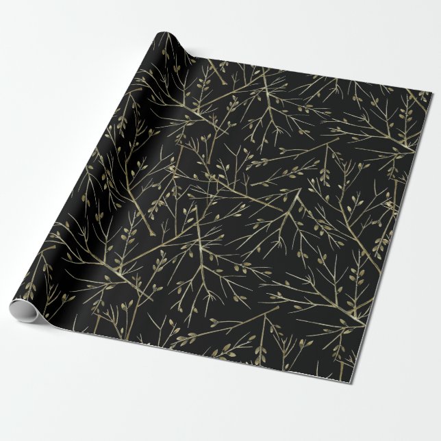 Gold Twigs on Black Wrapping Paper (Unrolled)