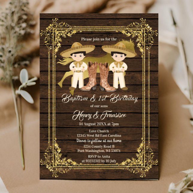 Gold Twin Boy Baptism and Birthday Rustic Wood Invitation (Creator Uploaded)