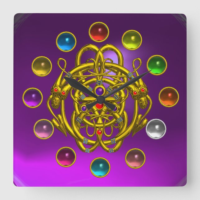 GOLD TWIN DRAGONS PRINTED COLORFUL GEMSTONES SQUARE WALL CLOCK (Front)