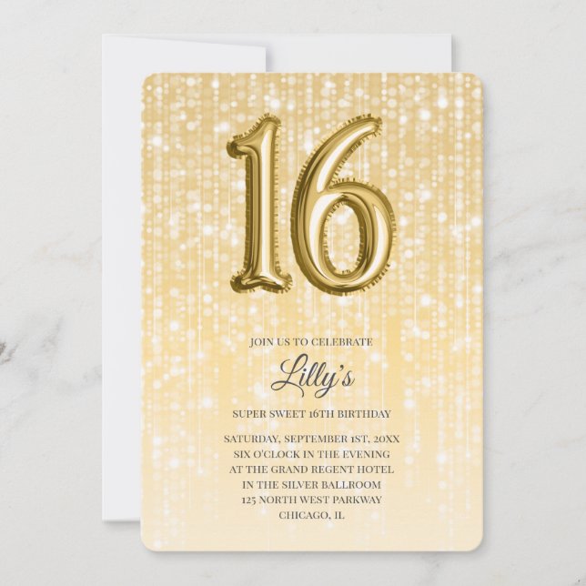 Gold Twinkle Lights and Foil Balloon 16th Birthday Invitation (Front)