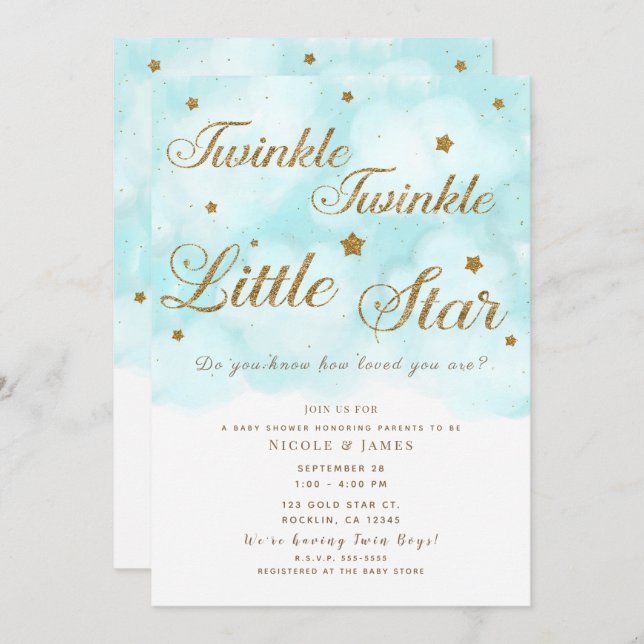 Gold Twinkle Stars & Blue Sky Clouds Baby Shower Invitation (Front/Back)