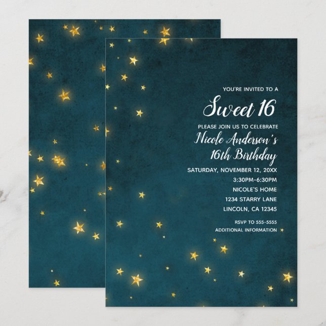 Gold Twinkle Stars Celestial Sky Sweet 16 Party Invitation (Front/Back)