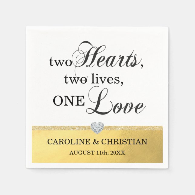 Gold Two Heart Two Lives One Love Heart Wedding Napkin (Front)