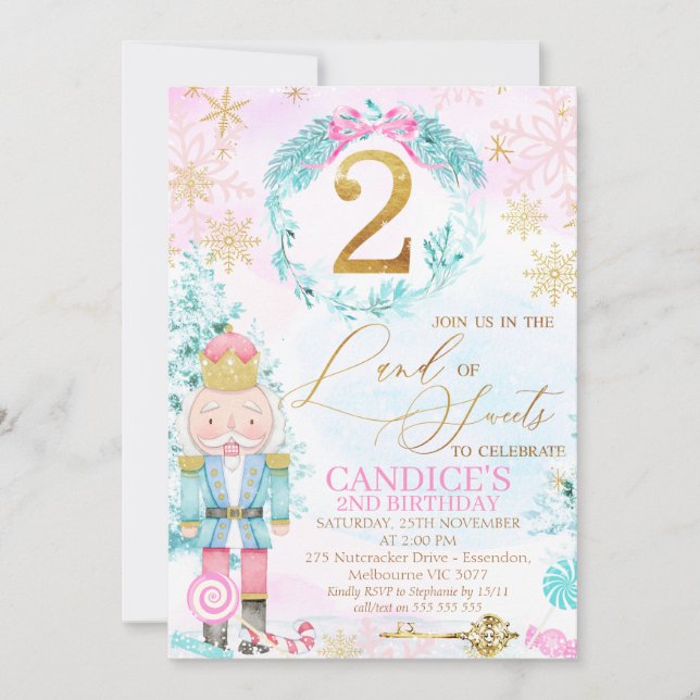 Gold Two Land of Sweets Nutcracker Birthday Invitation (Front)