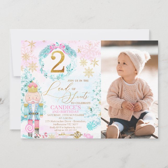 Gold Two Land of Sweets Nutcracker Photo Birthday Invitation (Front)