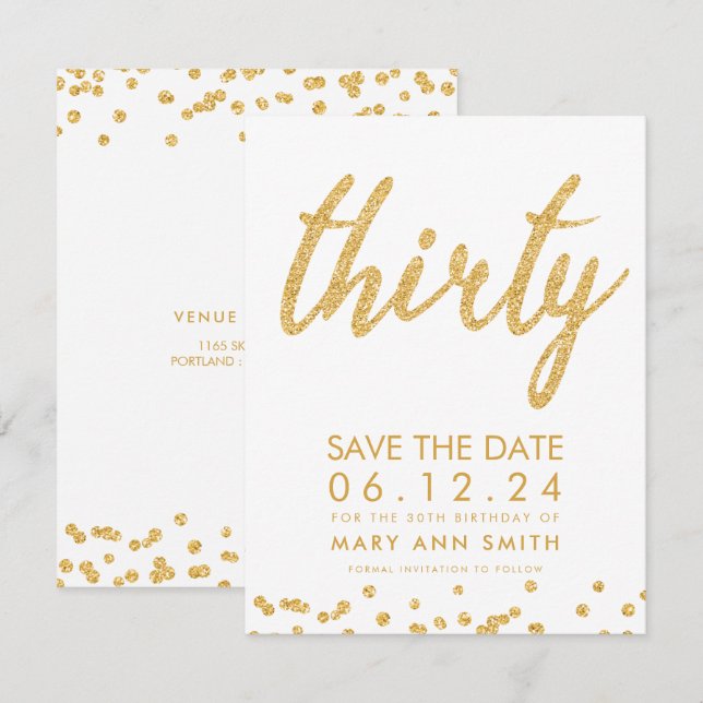 Gold Type 30th Birthday Save Date Confetti Invitation (Front/Back)
