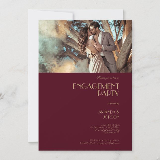 Gold Type Deco | Burgundy Engagement Party Photo Invitation (Front)
