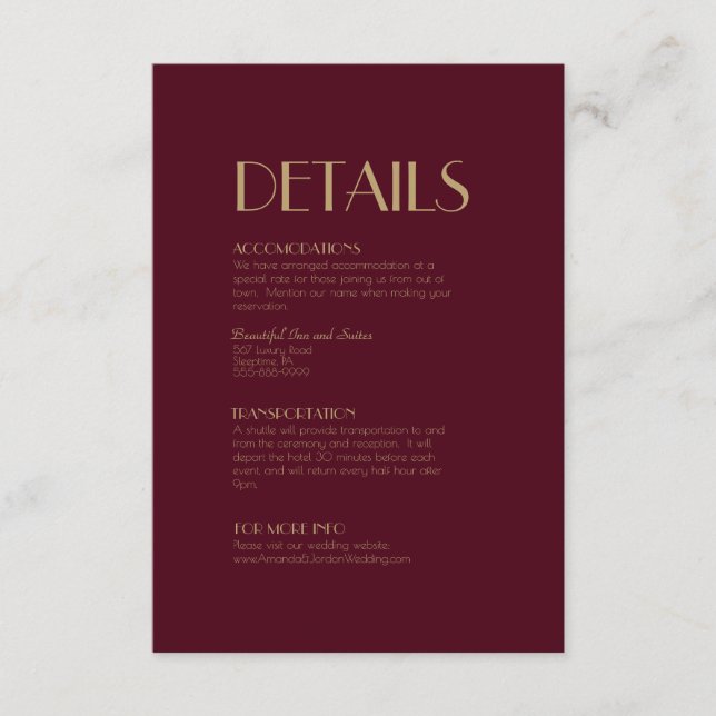 Gold Type Deco | Burgundy Wedding Details Enclosure Card (Front)