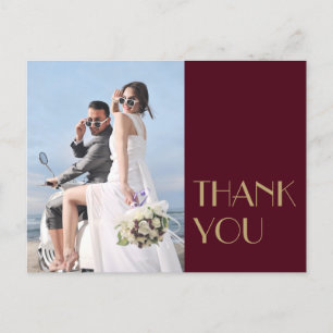 Gold Type Deco   Burgundy Wedding Photo Thank You Postcard