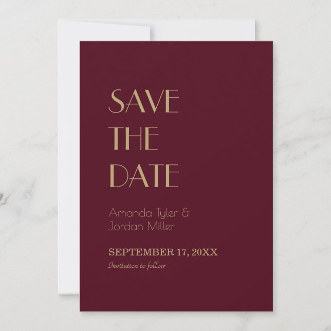 Gold Type Deco | Burgundy Wedding Save The Date (Front)