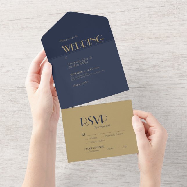 Gold Type Deco | Dark Navy Wedding All In One Invitation (Tearaway)