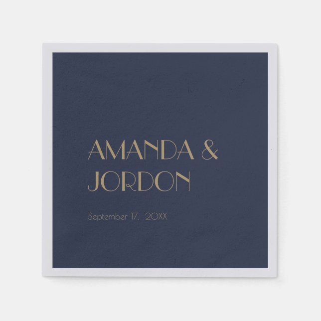 Gold Type Deco | Dark Navy Wedding Cocktail Napkin (Front)