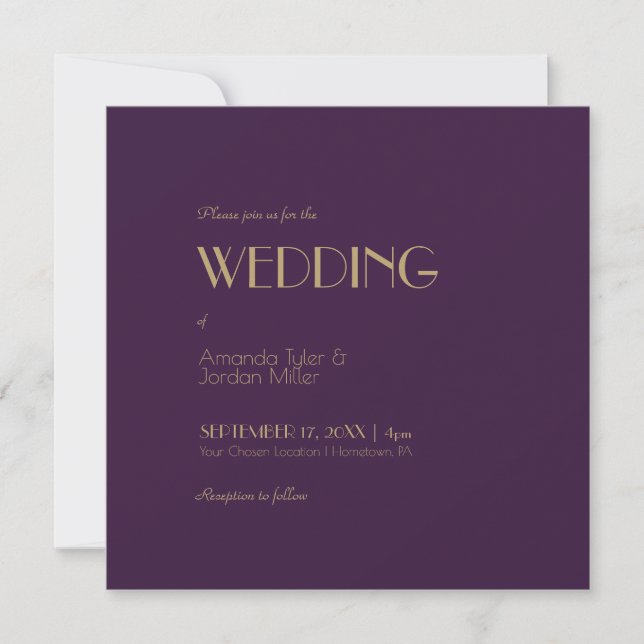 Gold Type Deco | Dark Purple Square Wedding Invitation (Front)
