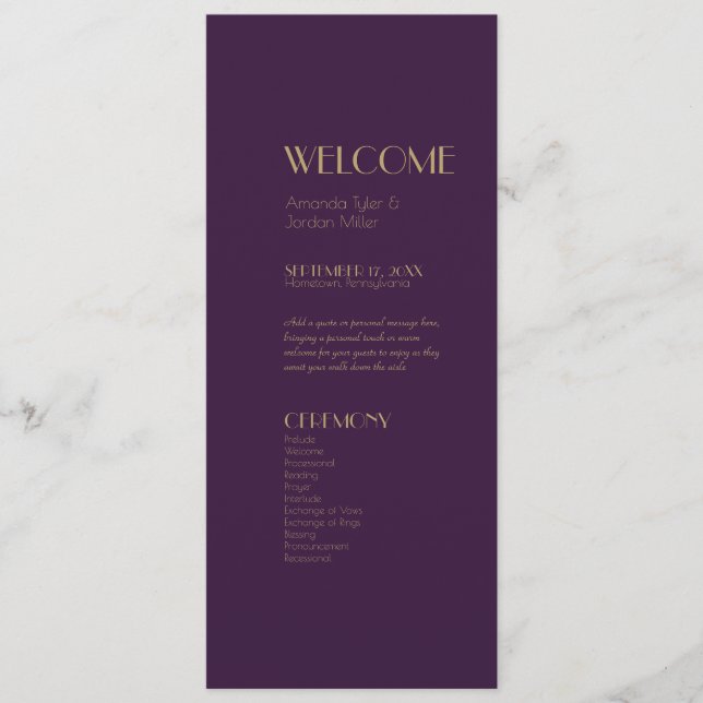 Gold Type Deco | Dark Purple Wedding Program (Front)